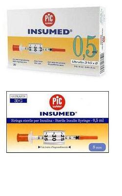 SIRINGA PER INSULINA PIC INSUMED 0,5 ML 100 UI AGO GAUGE 30 LUNGHEZZA 8 MM SENZA SPAZIO MORTO 3 SACCHETTI DA 10 PEZZI - latuafarmacia.org