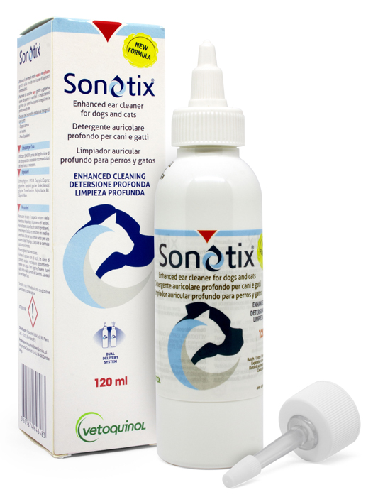 SONOTIX DETERGENTE AURICOLARE PROFONDO CANI E GATTI 120 ML + CANNULA CORTA RIGIDA + CANNULA LUNGA FLESSIBILE - latuafarmacia.org